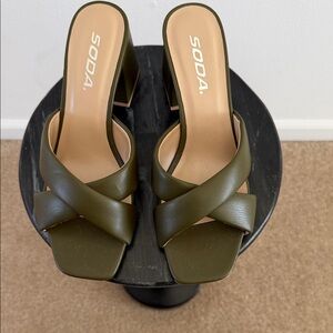Soda Sandal in Olive Green High Heel Slip-On with Crossover Front Size 6